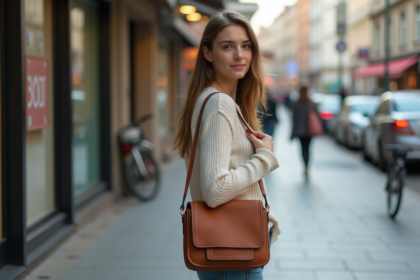 Jeune femme avec sac casual marche en ville en été