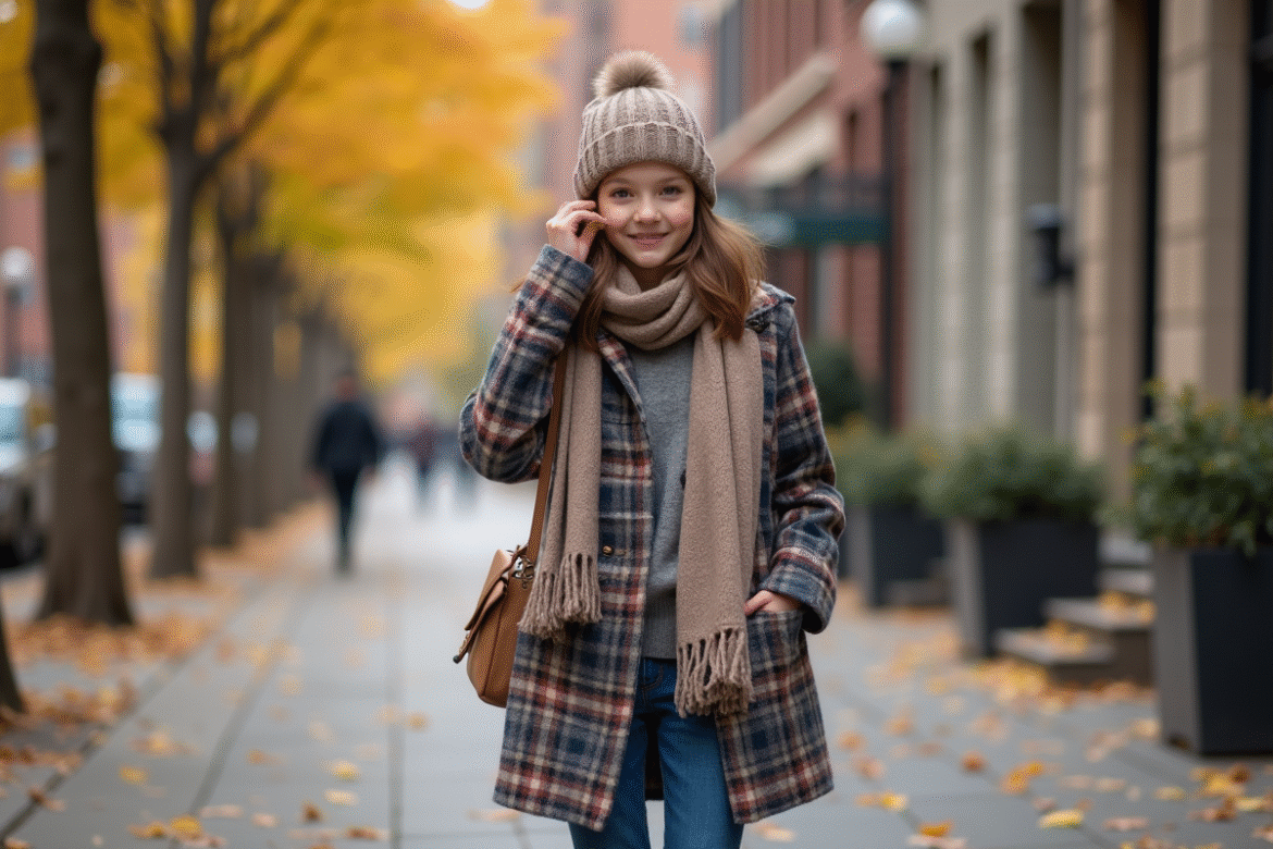 Jeune fille en manteau à carreaux et bonnet dans une rue automnale