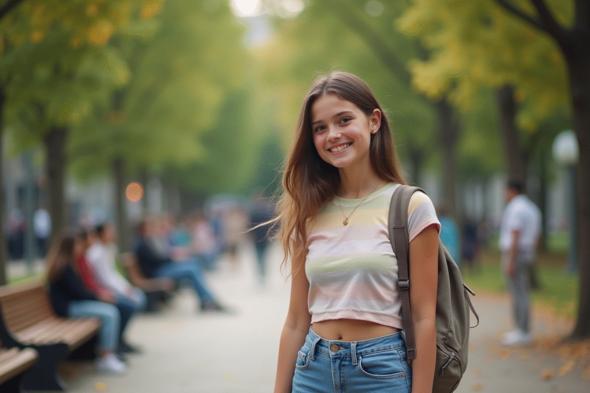 Jeune fille confiante souriante dans un parc urbain