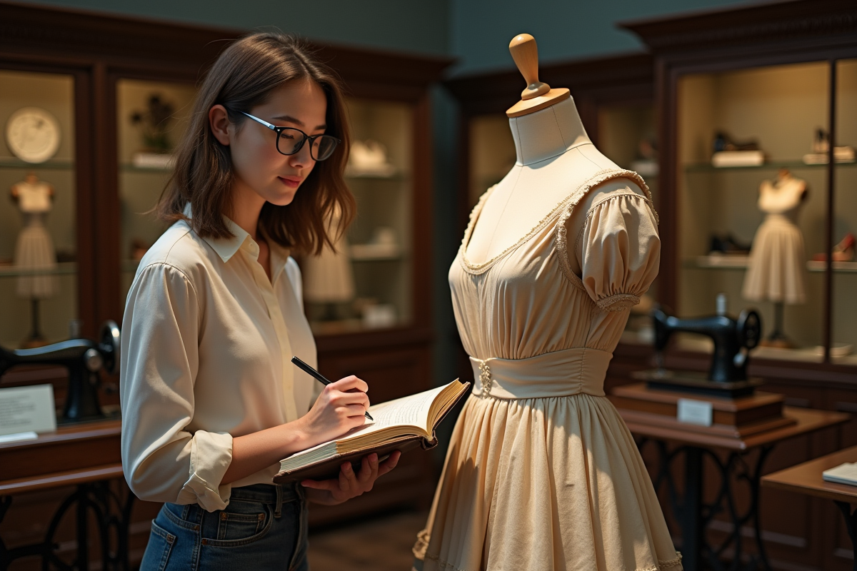 Jeune femme historienne observant un mannequin ancien
