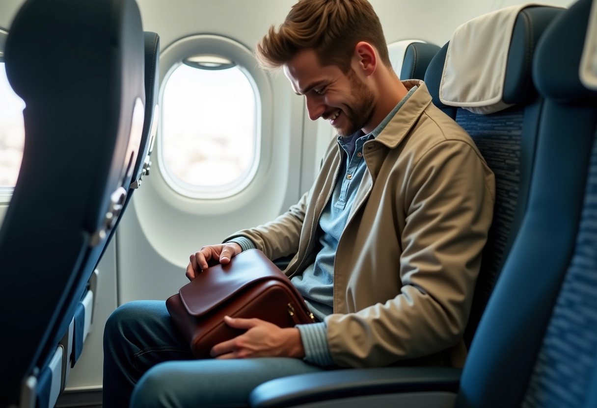 Jeune homme en avion avec sac en cuir sous le siège