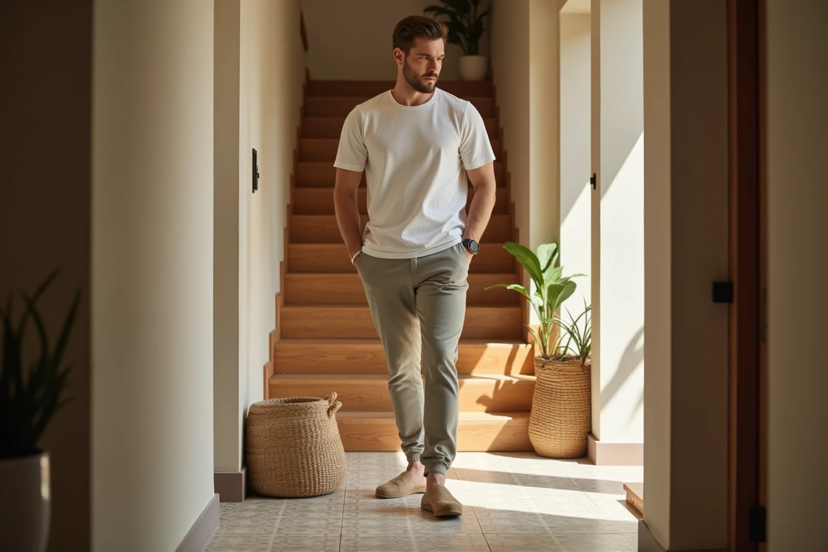 Jeune homme ajustant ses babouches en daim dans un couloir lumineux