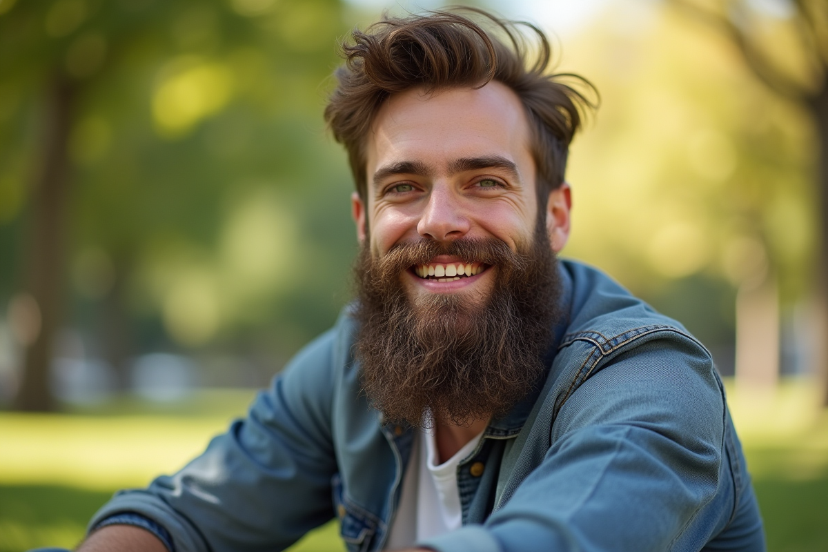 Jeune homme avec barbe au parc ensoleille