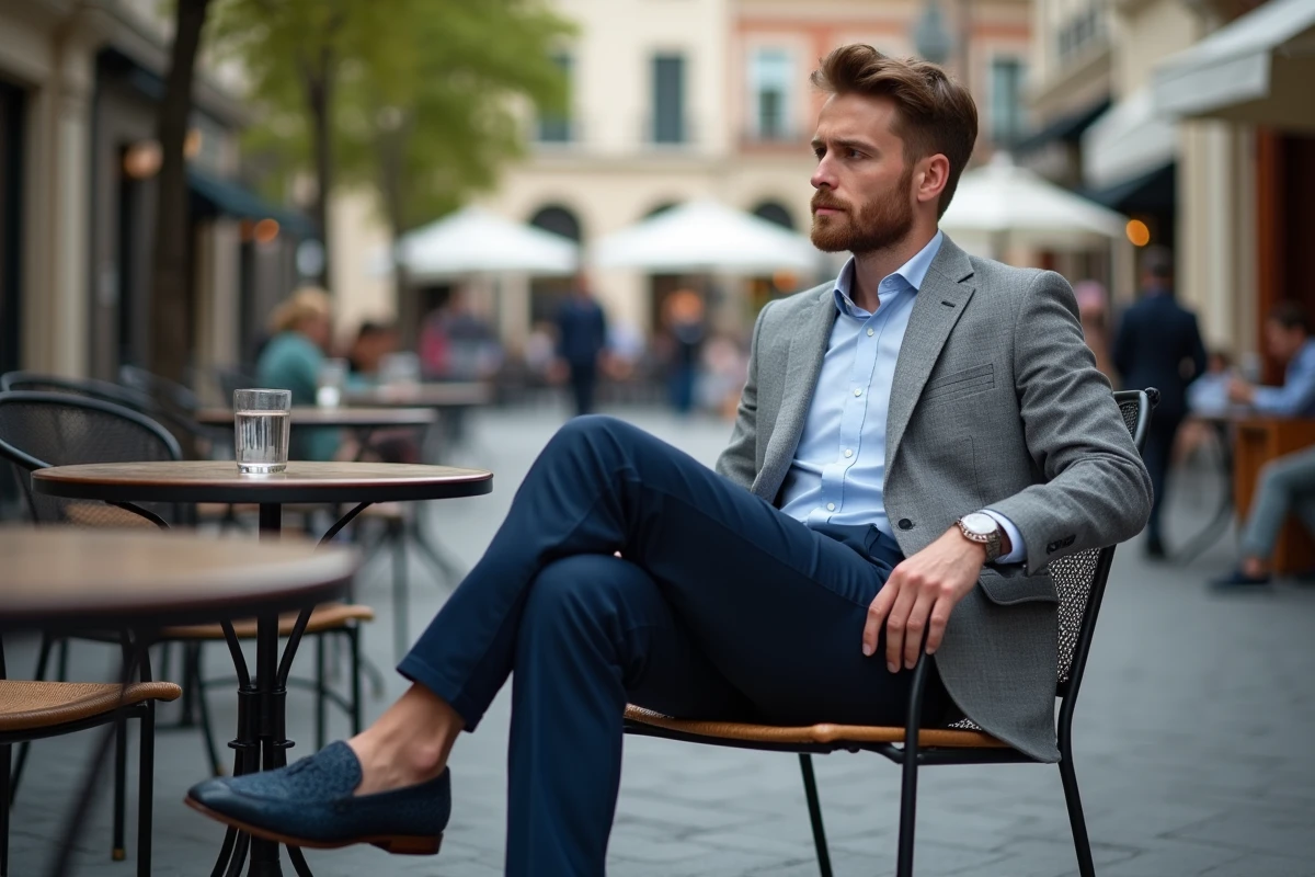 Jeune homme assis au café en terrasse avec babouches bleues