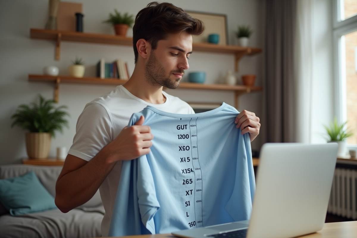 Jeune homme tenant des t-shirts XXL et L dans un appartement lumineux