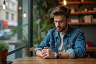 Jeune homme regardant une montre dans un café urbain