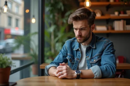 Jeune homme regardant une montre dans un café urbain