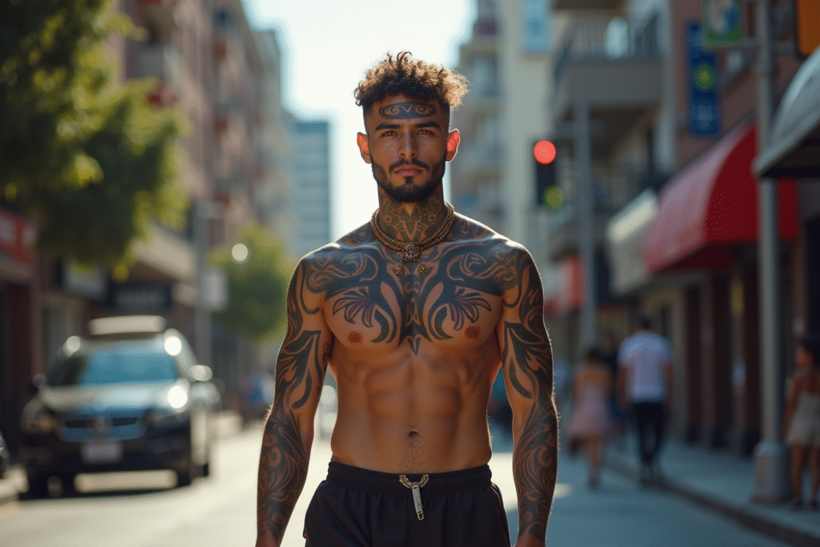 Jeune homme avec tatouages māori dans la ville moderne