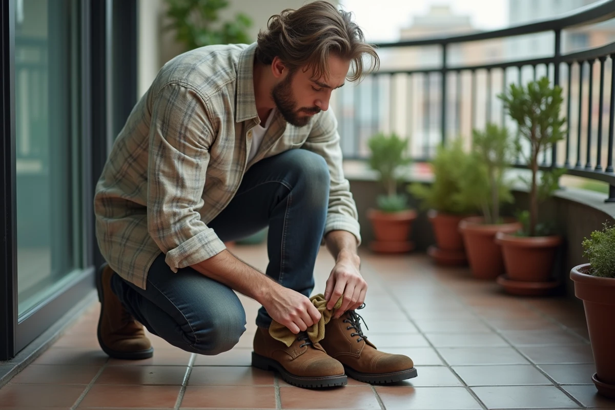 Jeune homme nettoyant des bottes en suede sur un balcon