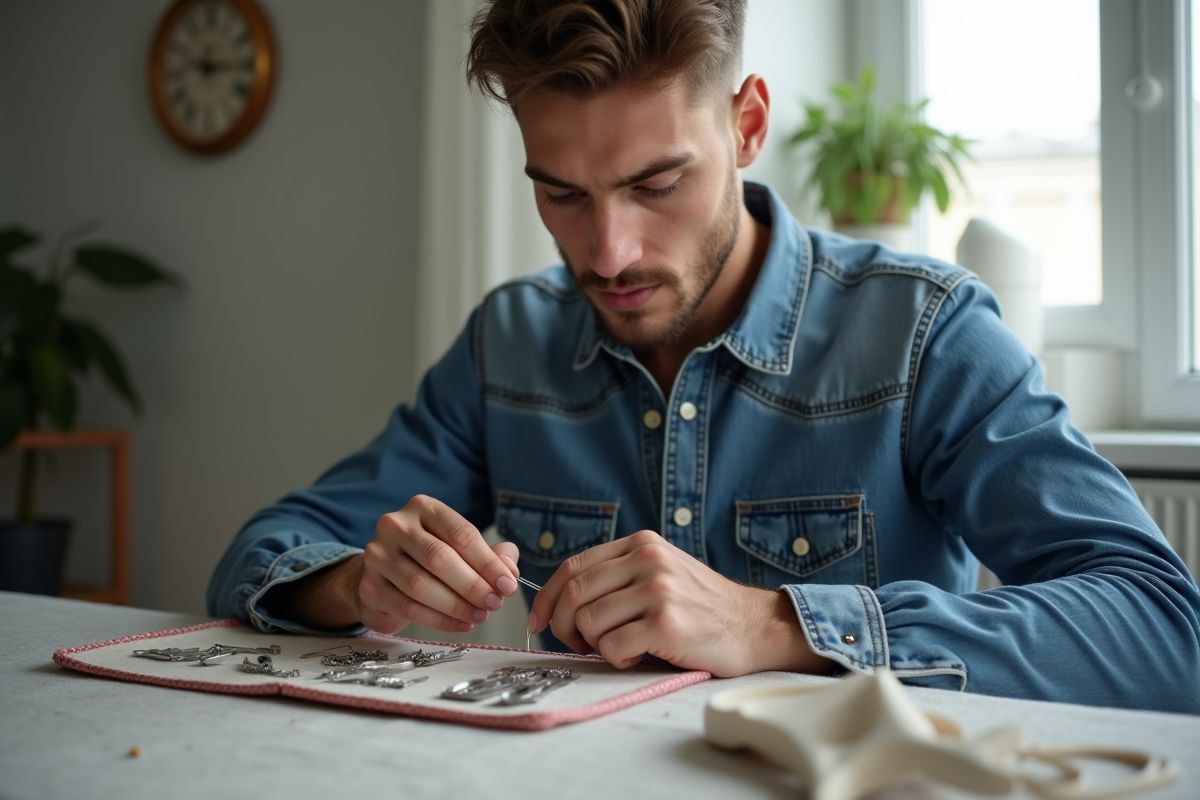 Jeune homme cousant avec une aiguille dans un espace lumineux