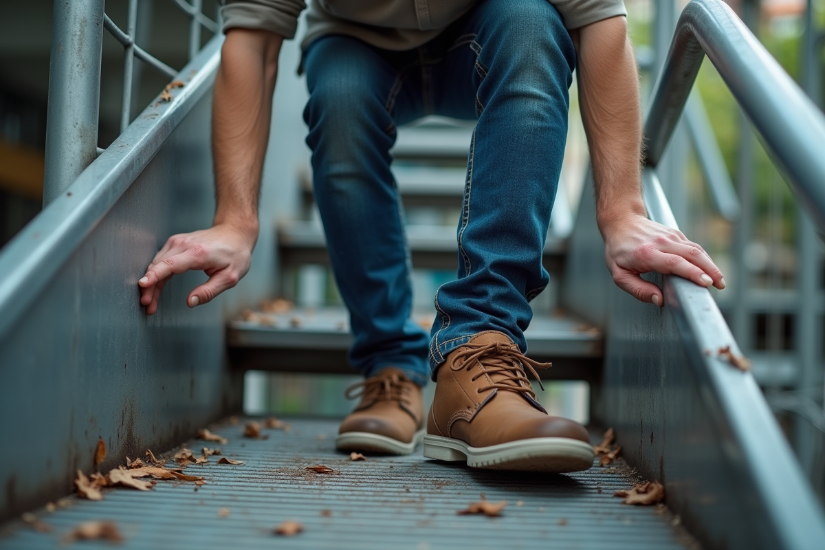 Jeune homme effectuant un test de glisse sur une grille métallique extérieure