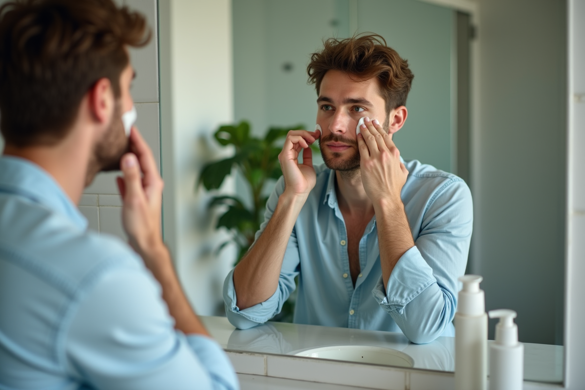 Jeune homme appliquant une creme visage dans sa salle de bain