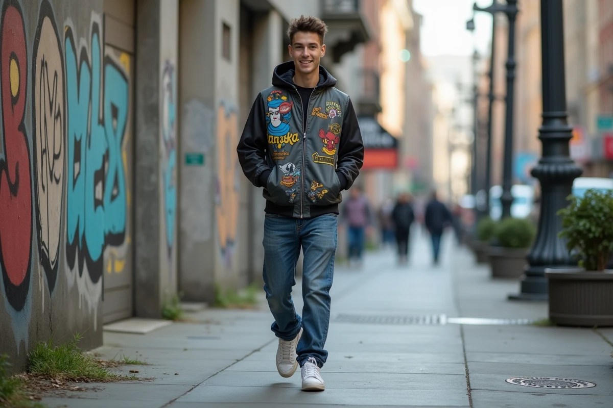 Jeune homme en streetwear marche dans la ville