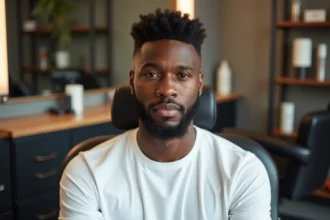 Jeune homme noir avec fade impeccable en barbershop