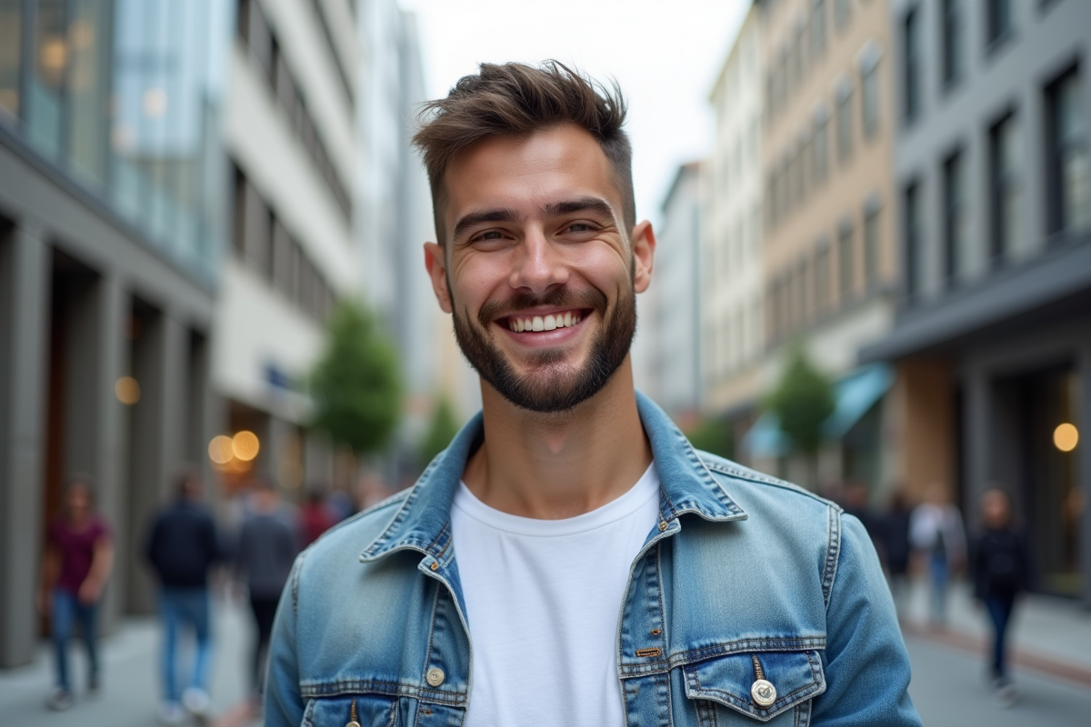 Jeune homme souriant dans la rue urbaine
