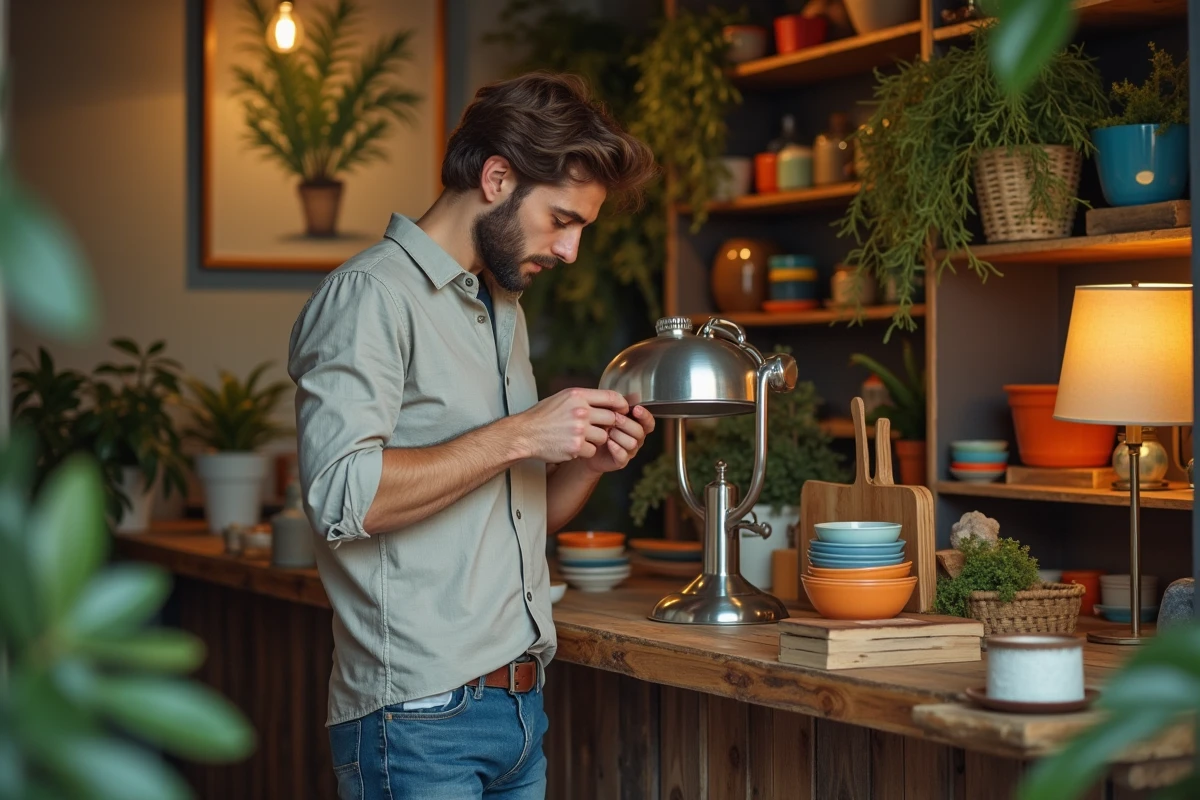 Jeune homme examinant une lampe vintage dans une boutique