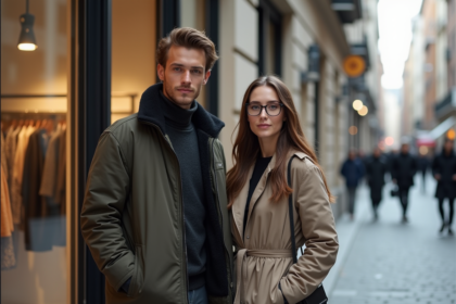 Jeune couple mode urbaine devant une vitrine de boutique