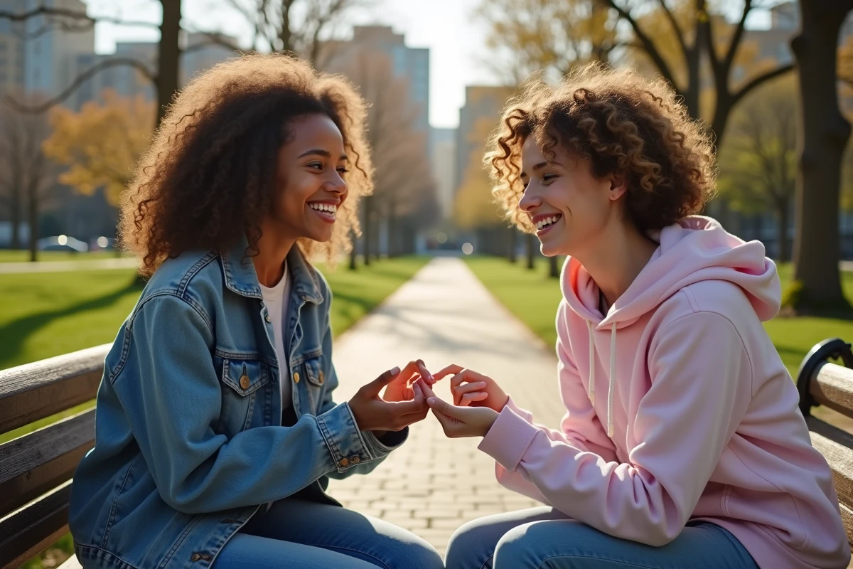 Deux jeunes femmes échangeant des bagues dans un parc ensoleille