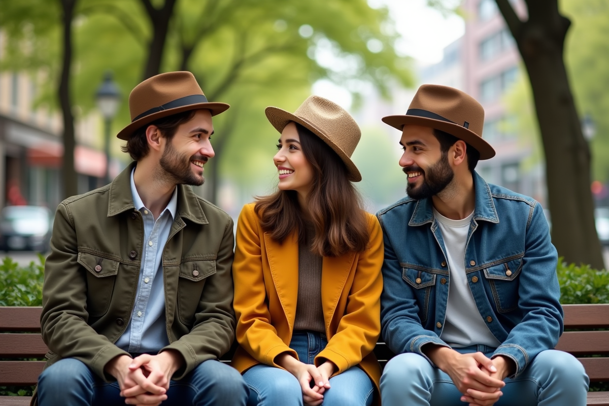 Groupe de jeunes portant différents chapeaux en ville