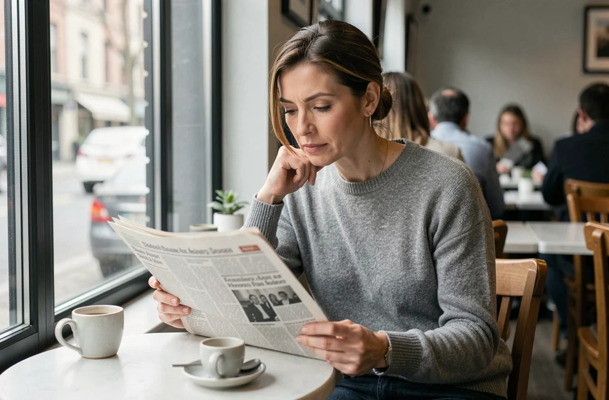 Femme journaliste lisant la presse dans un café, posture réflexive illustrant la question du jugement du corps des femmes dans les médias en 2026