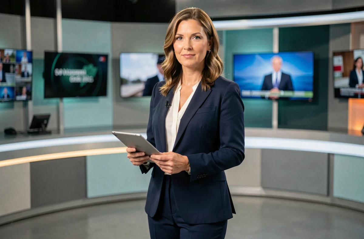 Journaliste professionnelle en studio de télévision regardant la caméra avec assurance, illustrant le débat sur le regard porté sur le corps des femmes dans les médias