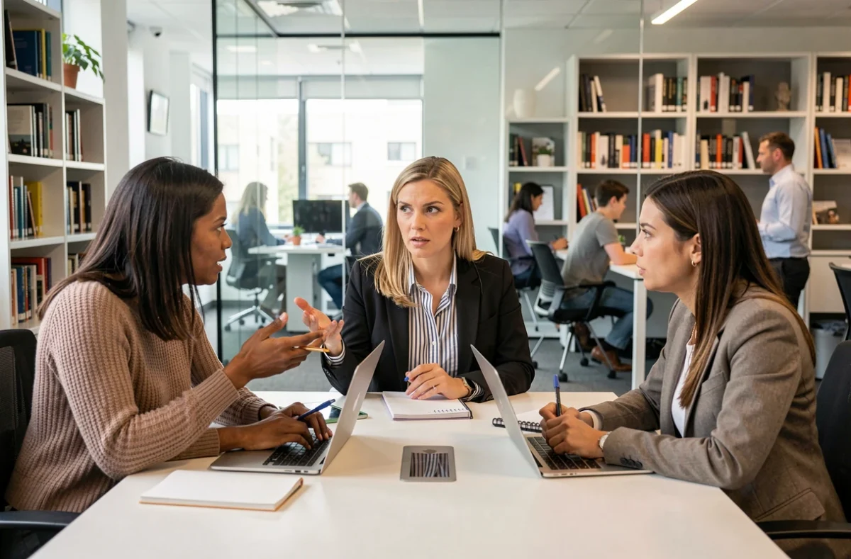 Groupe de journalistes femmes en réunion dans une salle de rédaction moderne, symbolisant le débat sur les jugements corporels dans le milieu médiatique