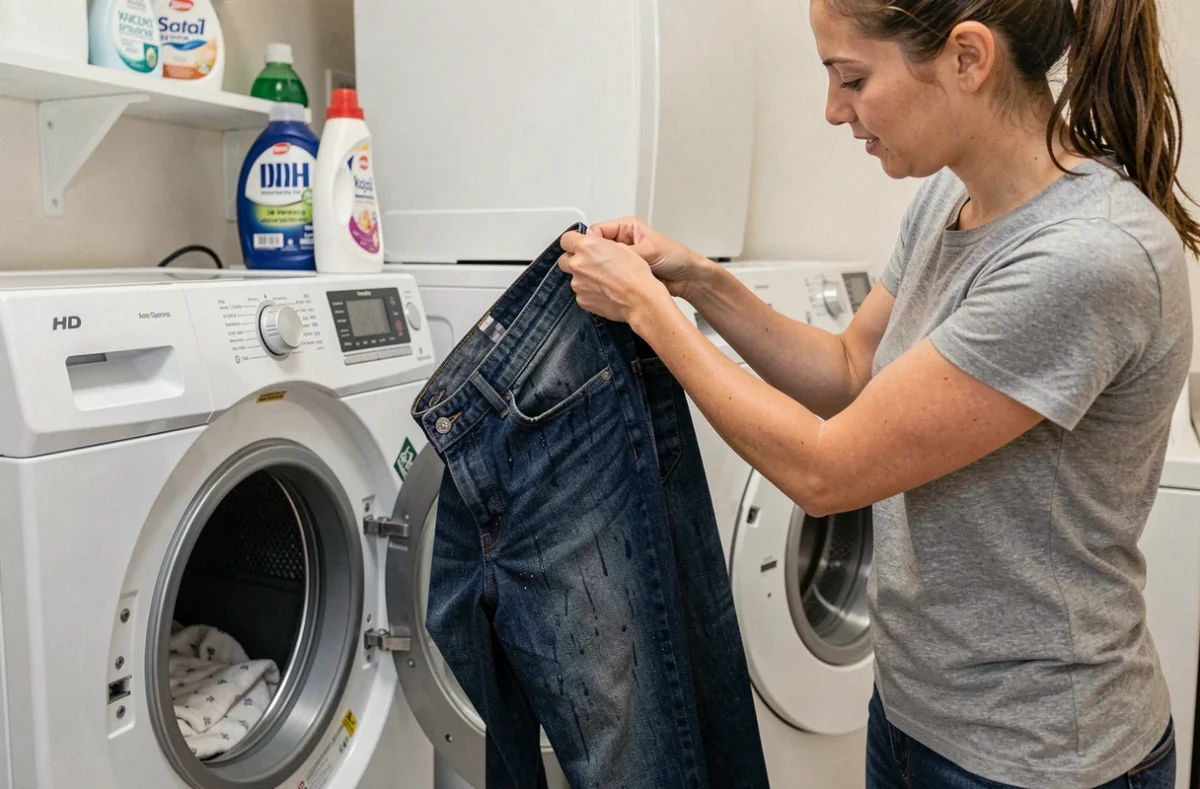 Femme retirant un jean humide de la machine à laver après un lavage à chaud pour rétrécir un tour de taille trop large