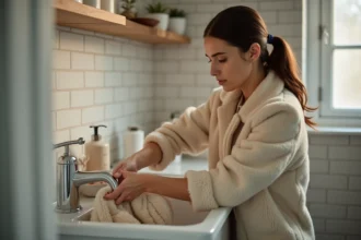 Femme lavant à la main une veste à doublure sherpa beige dans un évier en céramique blanche avec de l'eau savonneuse
