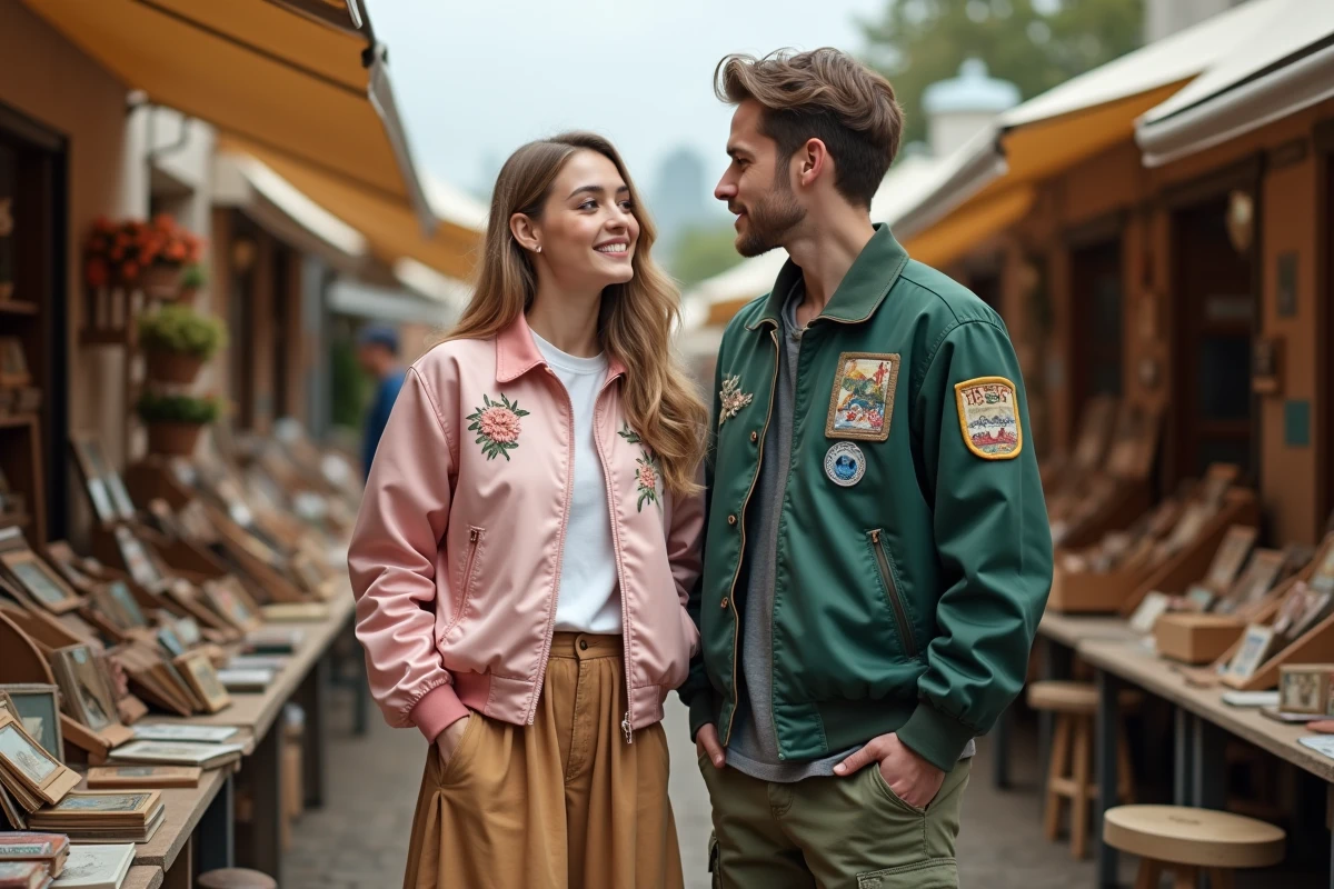 Deux amis portant des jackets Souvenir aux styles différents — satin rose pâle et coton vert foncé — dans un marché vintage en plein air à la mi-saison