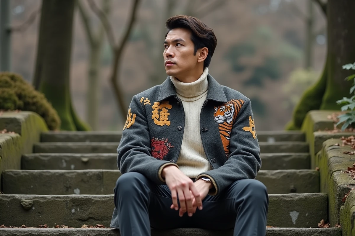 Homme en jacket Souvenir en laine avec broderies japonaises et motif tigre, porté sur un col roulé crème et un chino sombre, assis sur des marches en pierre dans un parc