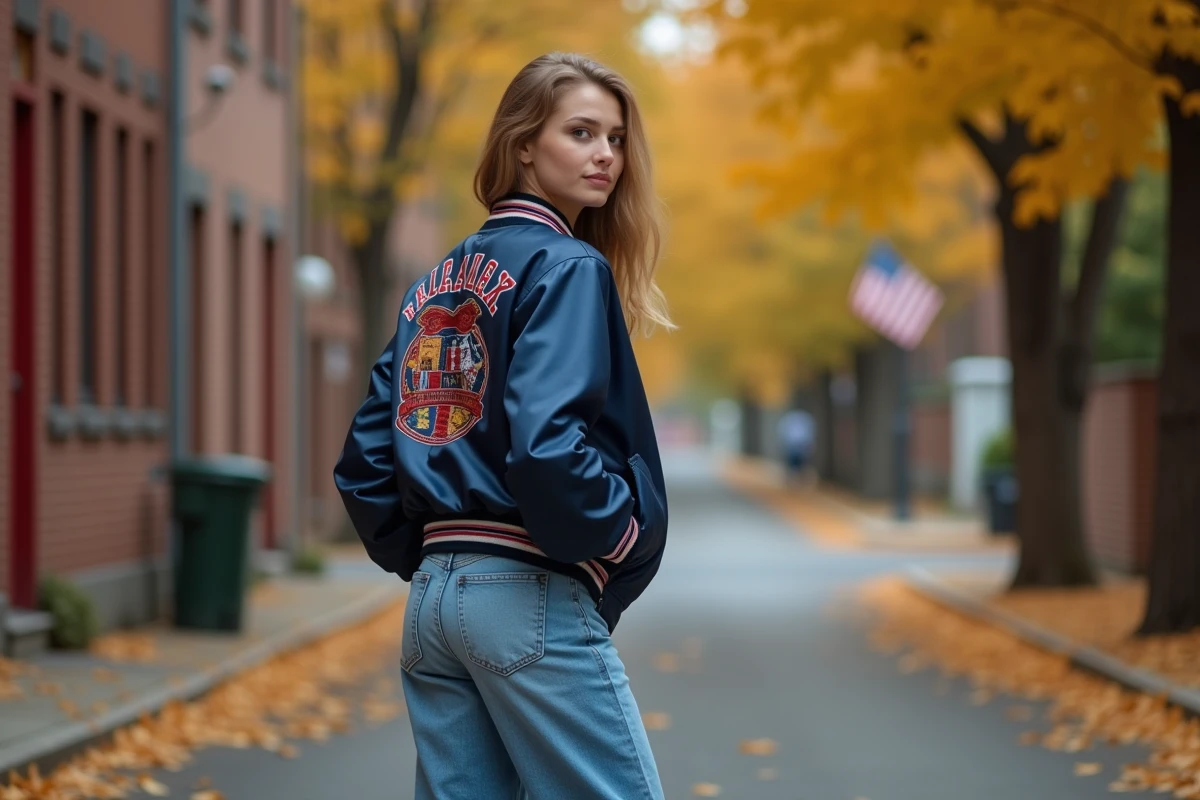 Jeune femme portant une jacket Souvenir en satin avec patches brodés, associée à un jean droit et des sneakers blanches dans une rue urbaine en automne