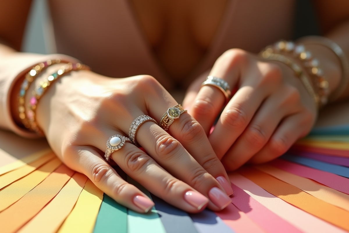 Mains élégantes avec bagues et bracelets en or argent et pierres précieuses