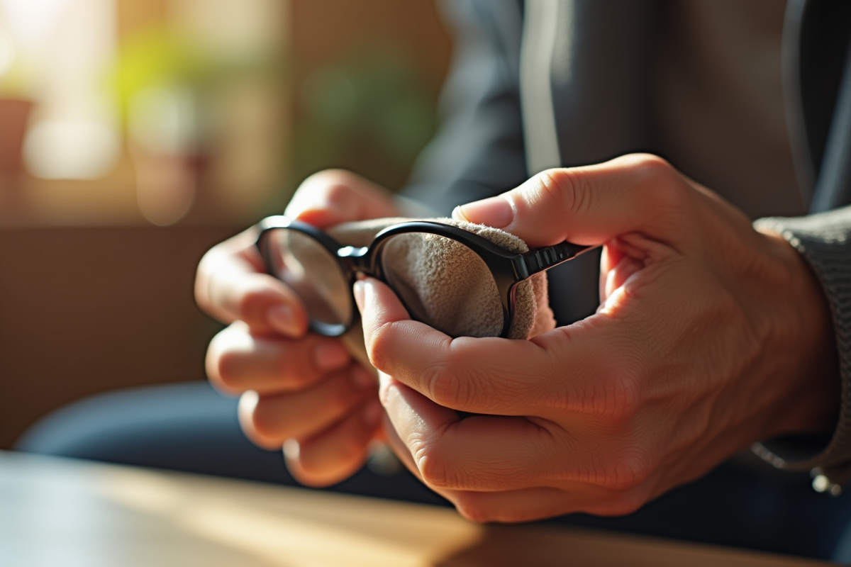 Mains âgées nettoyant délicatement des lunettes avec un chiffon doux