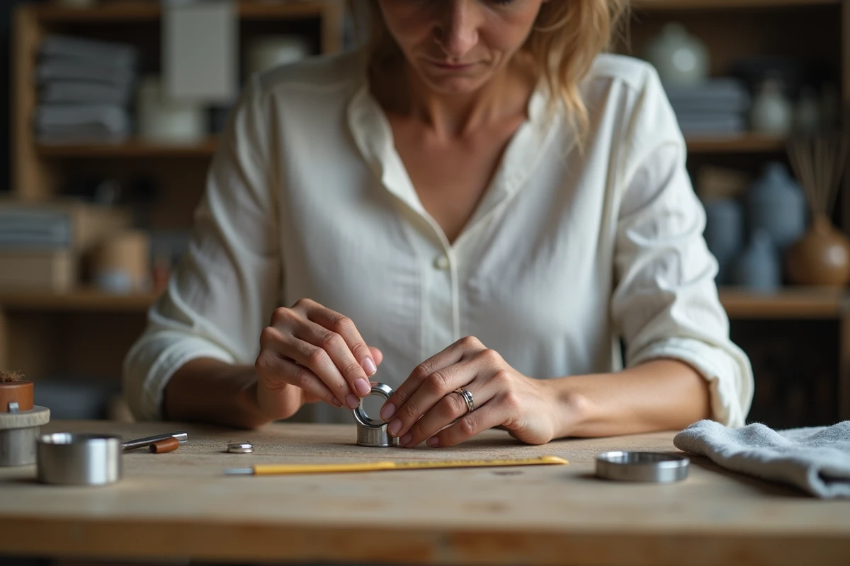 Femme utilisant un mandrin de bague en métal pour déterminer la taille exacte d'une bague en argent dans un atelier de bijouterie