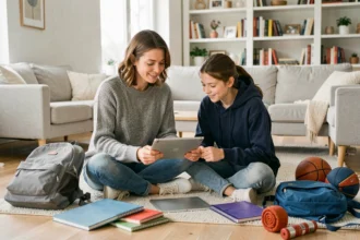 Mère et fille adolescente comparant des équipements scolaires et sportifs sur tablette dans un salon familial moderne
