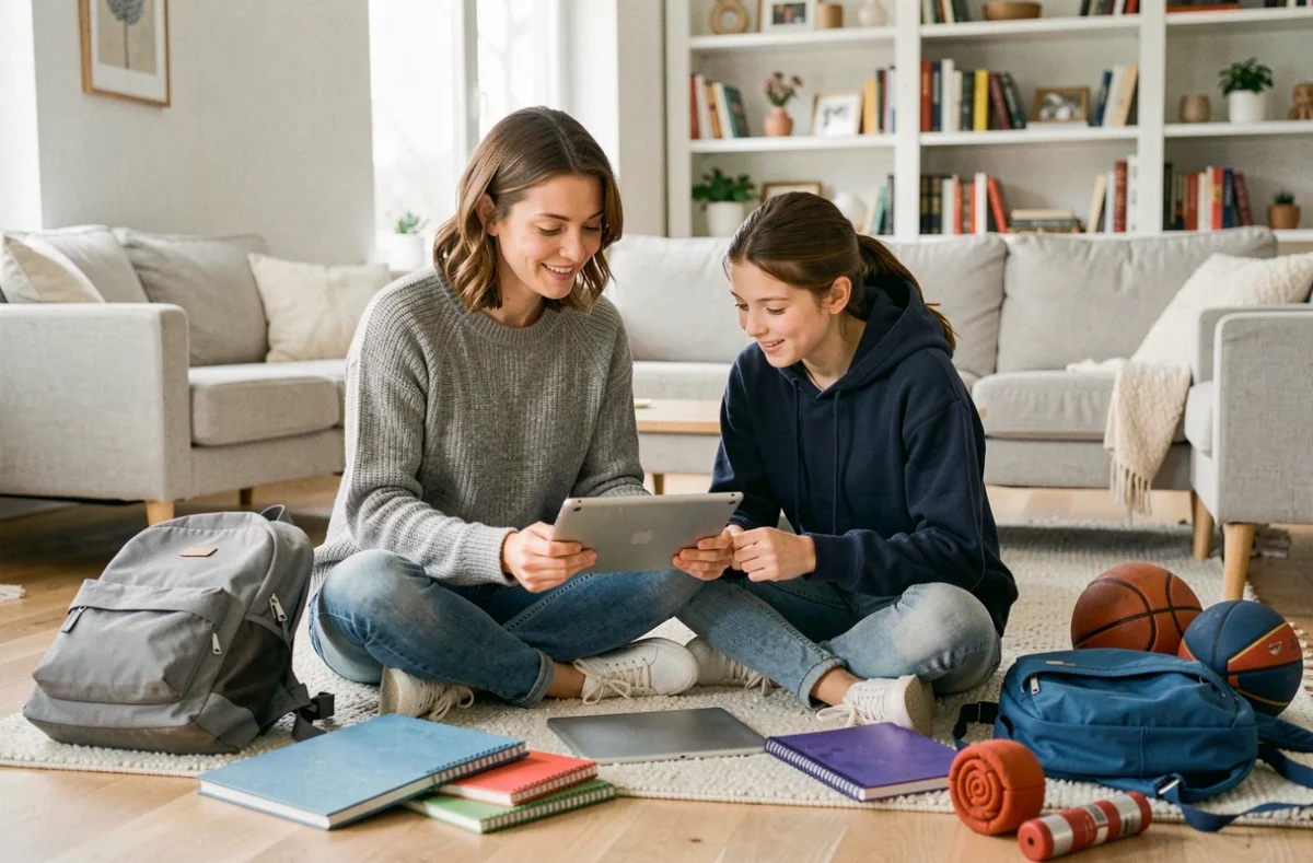 Mère et fille adolescente comparant des équipements scolaires et sportifs sur tablette dans un salon familial moderne