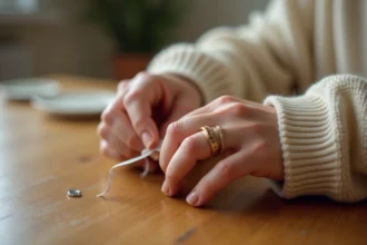 Femme mesurant son tour de doigt avec une bandelette de papier pour choisir la bonne taille de bague