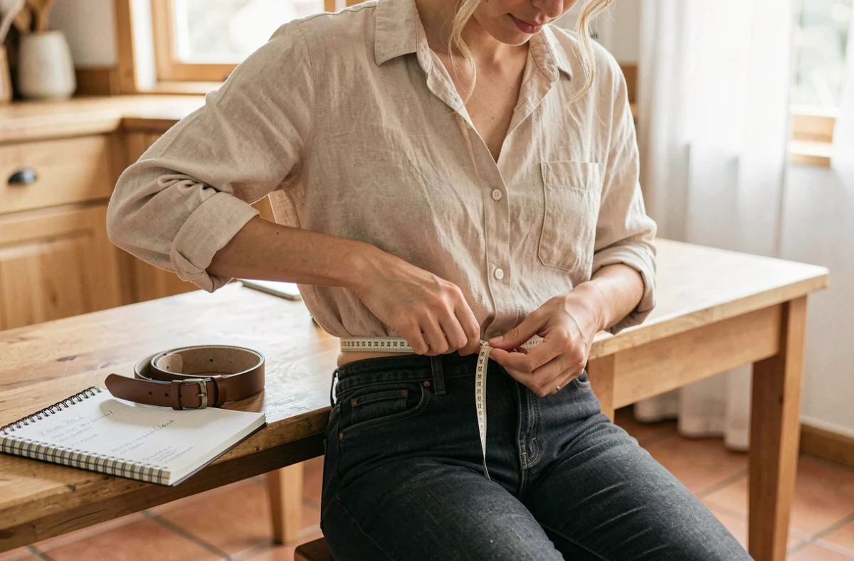 Femme prenant ses mesures de tour de taille avec un mètre ruban pour choisir la bonne taille de ceinture
