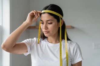 Femme mesurant son tour de tête avec un ruban à mesurer souple pour déterminer sa taille de chapeau
