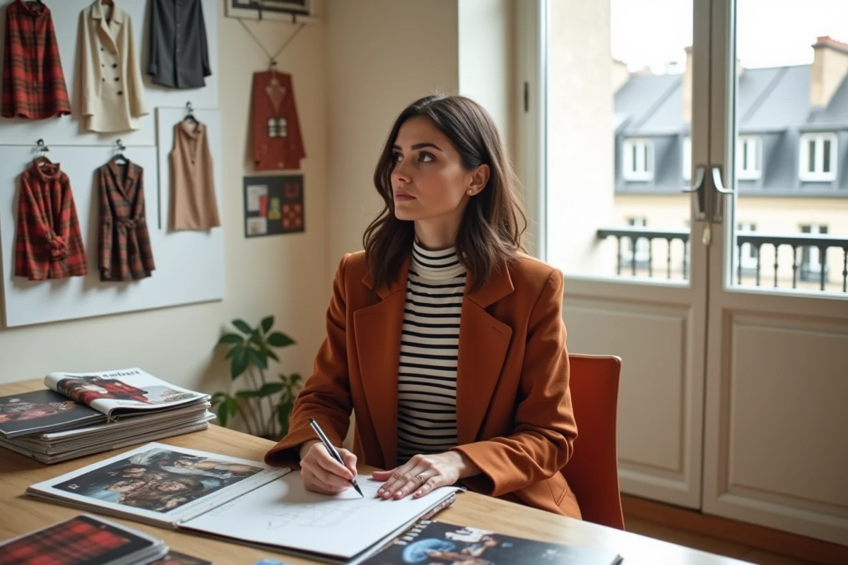 Femme créant un mood board de style Vivienne Westwood dans un appartement parisien avec des tissus tartan et des magazines de mode