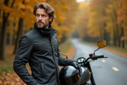 Motard portant une veste moto avec col amovible sur une route rurale entourée de feuillages automnaux