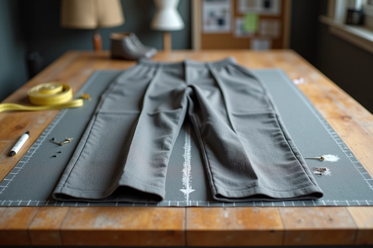 Pantalon en laine posé sur une table de tailleur avec marquages de craie et épingles pour ourlet de couture