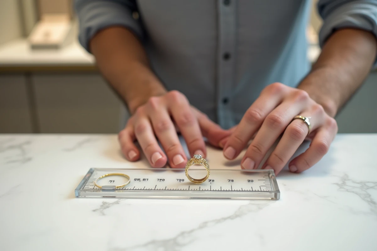 Mesure de la taille d'une bague en or à l'aide d'un outil de mesure en plastique transparent sur un comptoir en marbre
