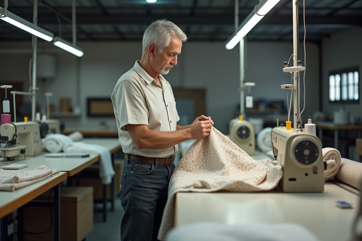 Ouvrier textile inspectant un tissu dans un atelier spacieux et organisé