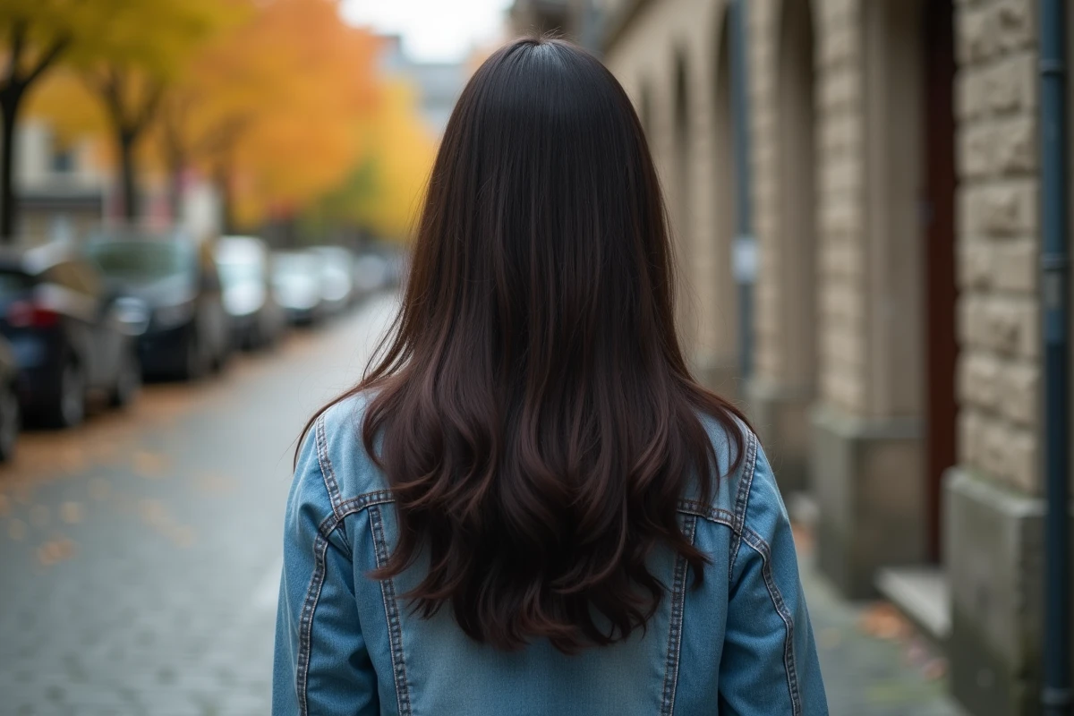 Vue arrière d'une femme en rue portant une perruque coupe mulet brune avec une nuque allongée distinctive