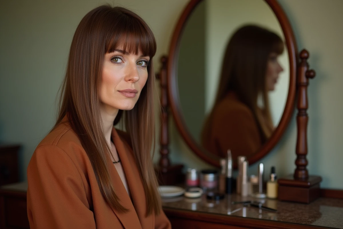 Perruque mulet longue nuque portée par une femme assise devant une coiffeuse vintage, reflet dans le miroir