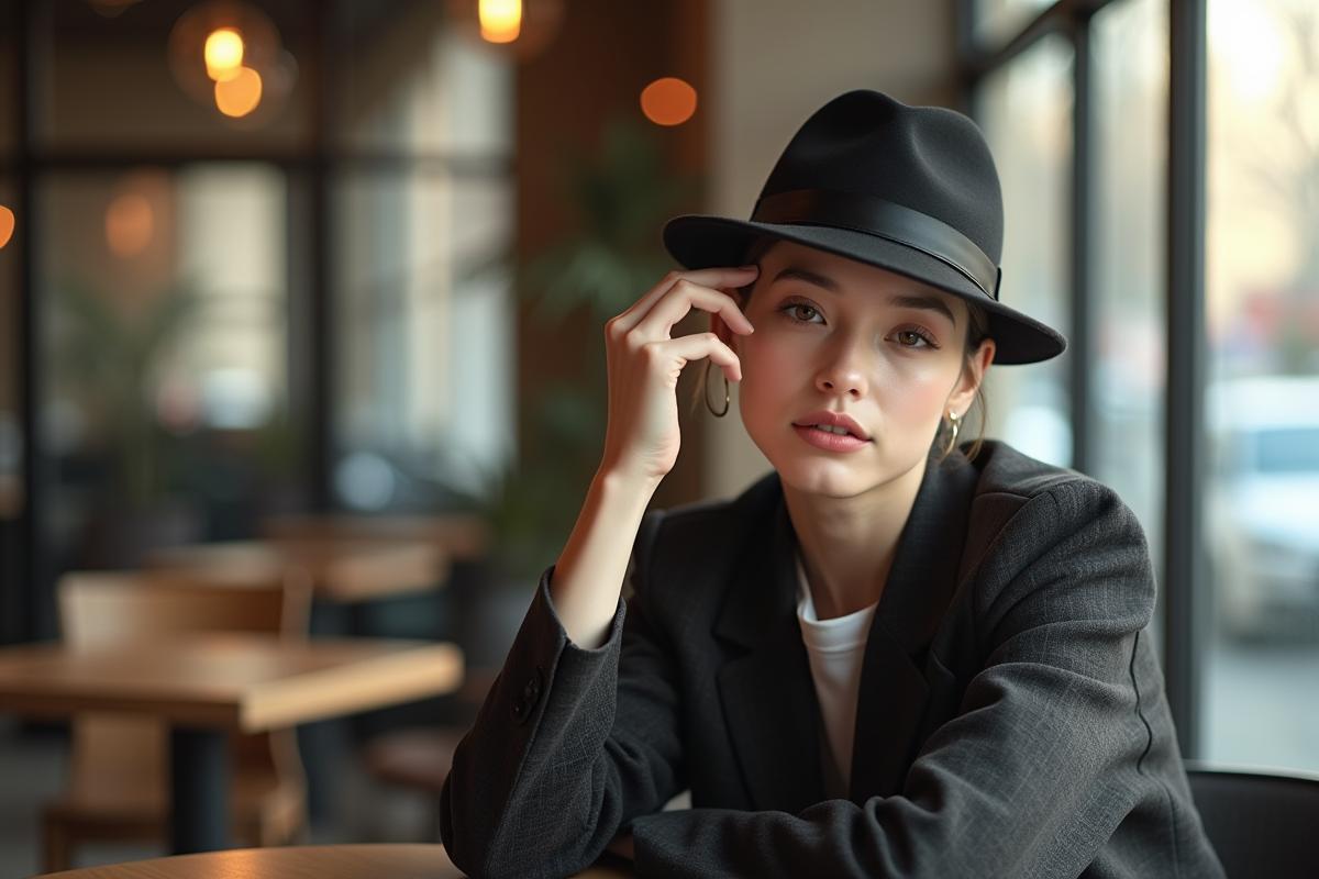 Personne à chapeau fedora dans un café lumineux