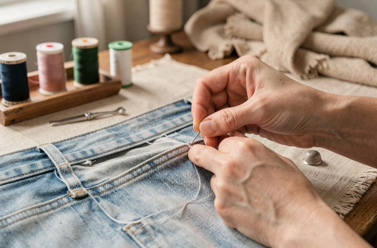 Mains cousant à la main une pince dans la ceinture arrière d'un jean pour réduire le tour de taille