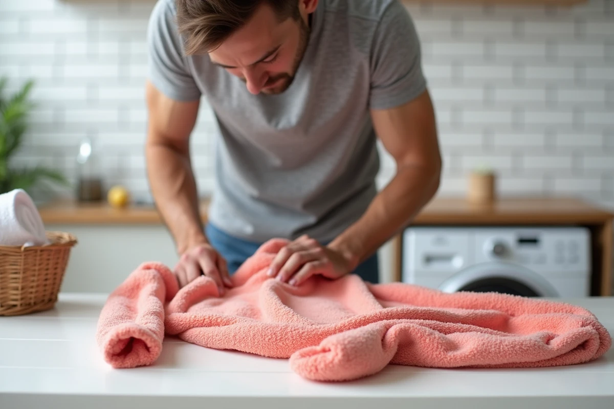 Homme pliant soigneusement un pilou pilou adulte propre et moelleux après le lavage