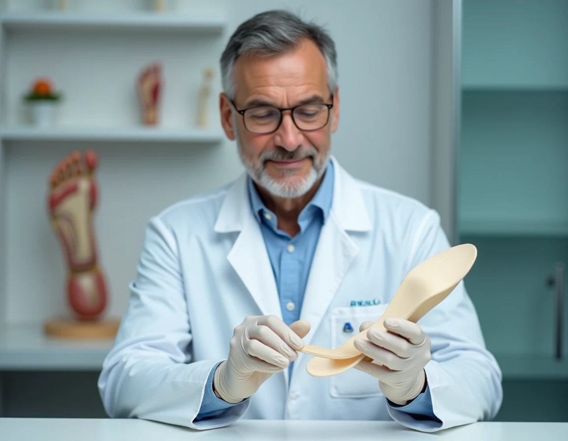 Podologue tenant des semelles orthopédiques sur mesure dans un cabinet médical, illustrant le choix entre semelles orthopédiques et chaussures confortables